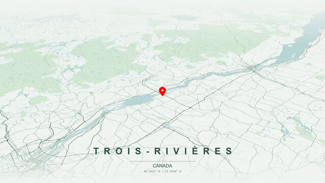 Modern minimalist vector map of Trois-Rivi&egrave;res, Quebec, Canada. High-quality scalable illustration of Trois-Rivi&egrave;res city grid, Saint-Maurice and Saint-Laurent River confluence for posters design.