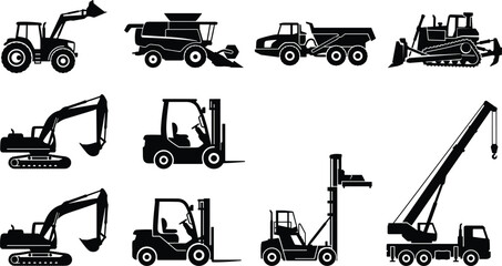 Set of solid black industrial heavy machinery silhouettes including construction excavators agricultural tractors and logistics forklifts © Sohel