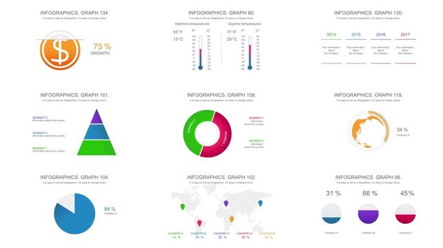 Business infographic elements collection video with financial charts, pie charts, pyramid diagram, world map, and growth statistics animation on white background.
