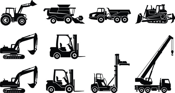 Set of solid black industrial heavy machinery silhouettes including construction excavators agricultural tractors and logistics forklifts