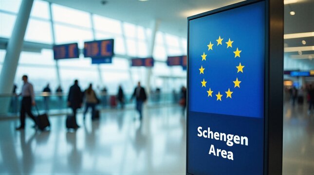 Schengen Area sign in a European airport with passengers in the background. Signpost with the European Union flag and Schengen Area inscription in the airport terminal.