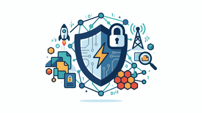 Cybersecurity shield with lock and icons.