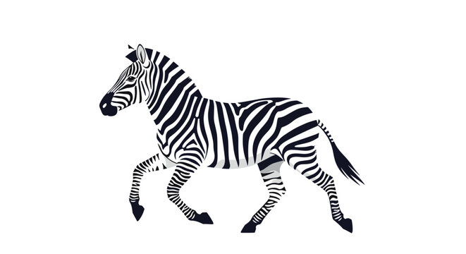 Striking illustration of a zebra in mid gallop with its characteristic black and white striped pattern on a white background.