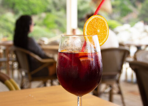 Glass of Traditional Spanish Sangria on Table at Summer Beach Bar