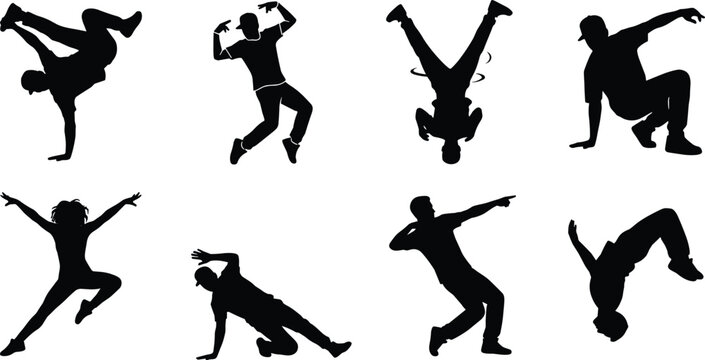 Vector silhouettes of breakdancers performing acrobatic hip hop dance moves street dance styles and athletic stunts