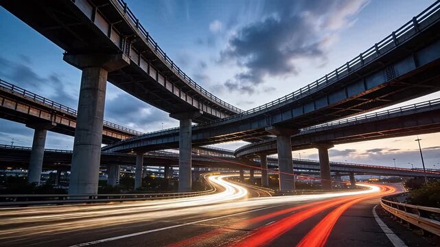 Multi-level overpass interchange with long exposure traffic light trails at dusk