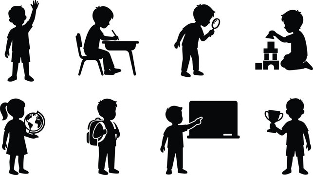 Vector silhouettes of children participating in elementary school education activities classroom learning studying and academic success
