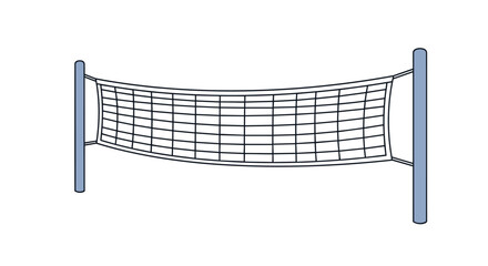 Simple blue and white illustration of a standard volleyball net stretched between two upright support poles on white background. © MD