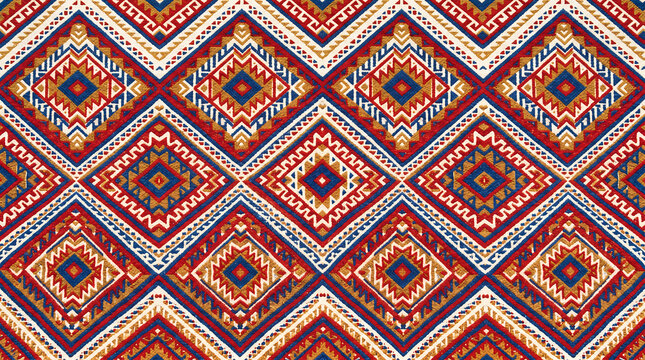 Vibrant Bohemian Tribal Kilim Rug Pattern with Geometric Diamond Design