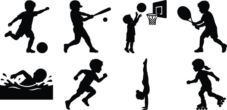 Vector silhouettes of children participating in various sports activities including soccer baseball basketball tennis gymnastics and swimming