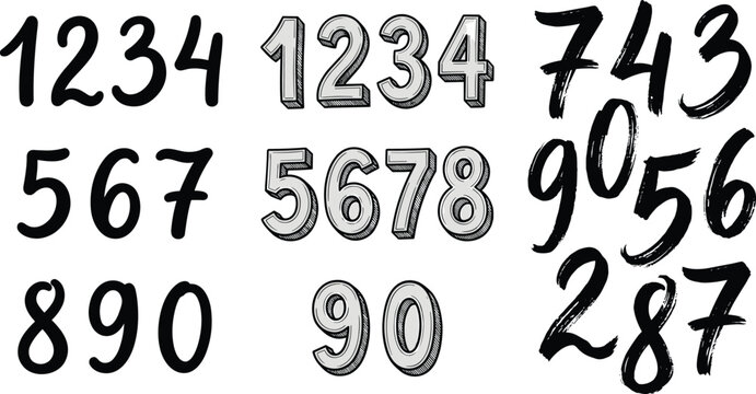 Hand Drawn Calligraphy Number Set Featuring Solid Black Ink, Patterned Texture Fill, and Rough Brush Stroke Font Variations for Creative School and Poster Designs