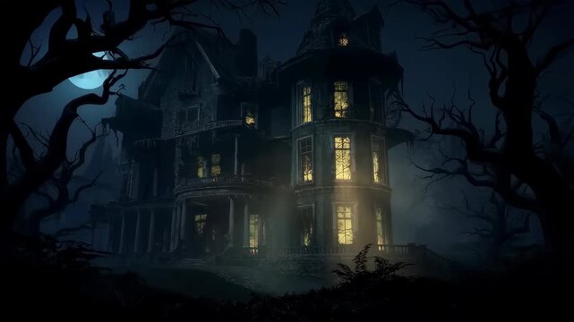 Spooky haunted mansion at night with glowing windows and eerie trees