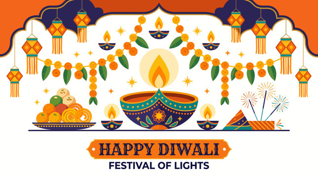 Joyful Indian family celebrating Diwali with sparklers and diyas inside ornate festive archway vector illustration