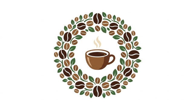 Hot Coffee Cup Surrounded by Coffee Beans and Leaves Wreath.