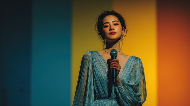 Woman in a blue dress holding a microphone in front of a colorful wall