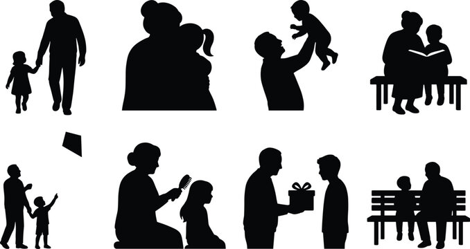 Vector silhouettes of grandparents spending quality time with their grandchildren playing reading books and sharing family moments