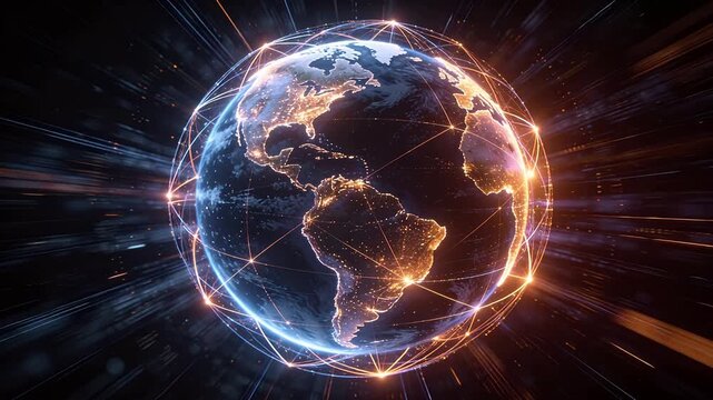 Digital earth model with glowing network lines and radial light trails in space