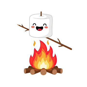 Happy marshmallow on a stick roasting over a cozy campfire.