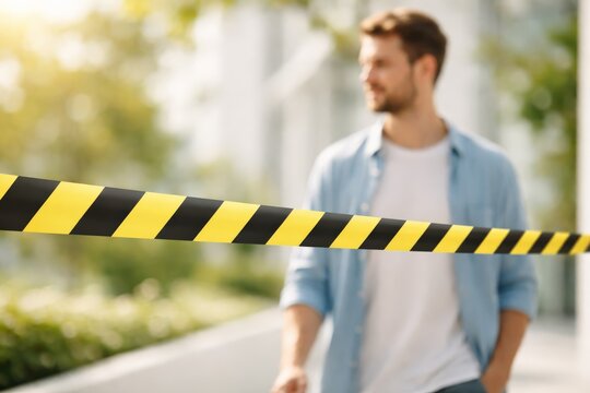 A blurred man stands behind vibrant yellow and black striped caution tape, marking a restricted or dangerous outdoor area, possibly a construction zone