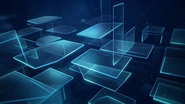 Futuristic digital transparent glass panels floating in blue abstract technology background