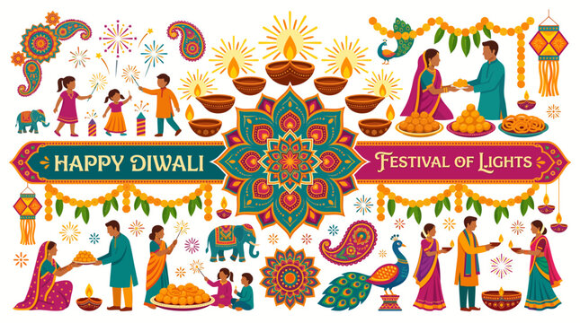 Ornate Diwali oil lamps and marigold flowers on vibrant traditional rangoli illustration festive background