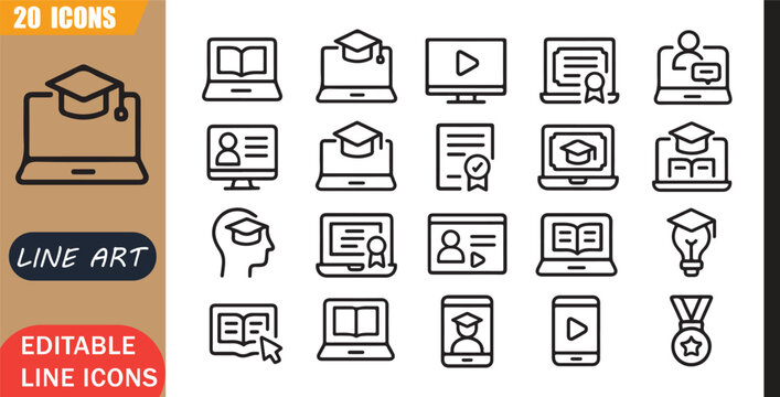 Isolated Online Course Icons Set, 20 Editable Line Art Icons Set, Elearning Education Training, Certification Student Learning, Digital Study Platform, Minimal Outline Vector