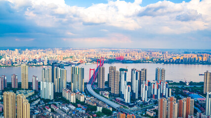Aerial Panorama of Asian City with Red Bridge and River © HoangNgoc