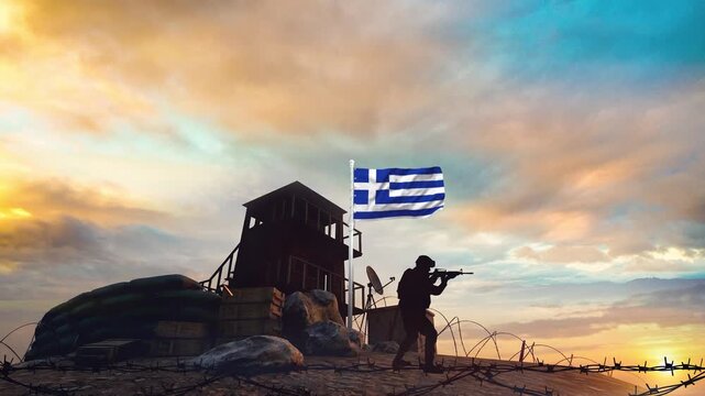 Soldier guarding military outpost with Greek flag motion video clip