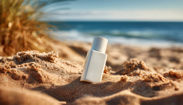 Blank sunscreen mockup bottle on beach during summer
