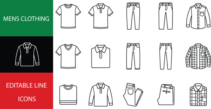 Set of mens clothing line icons, vector illustration of shirts, pants, trousers, jeans and casual wear