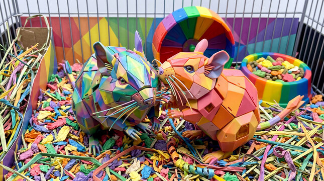 Two cute Degu-shaped plastic model kits with vibrant, geometric, and multicolored designs, interacting in a colorful pet cage.