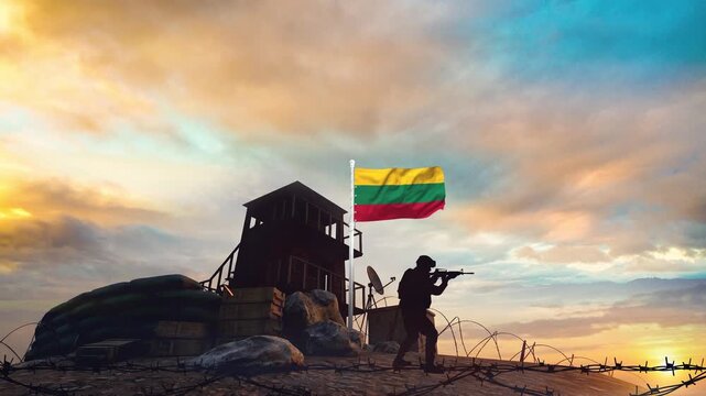 Soldier aiming rifle at military outpost with Lithuanian flag waving video