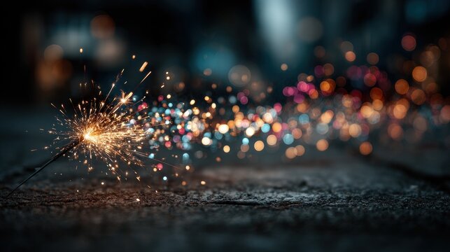 Sparkler that is on the ground with many lights
