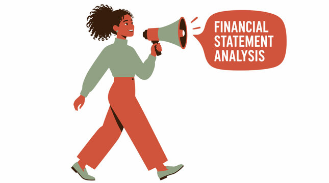Woman holding megaphone with financial statement analysis text.