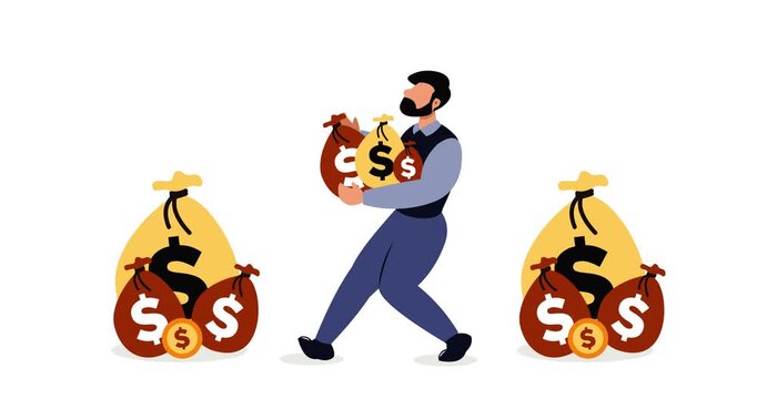 Animated illustration of a man holding several bags of dollar bills and stacks of money on his left and right sides. It depicts a successful, wealthy businessman with an abundance of money. 