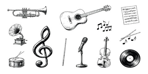 Vintage Black and White Music Instruments Collection with Notes and Treble Clef © mahabubmorshed