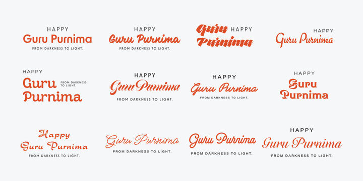 Happy Guru Purnima typography collection with vintage script lettering on clean light grey background