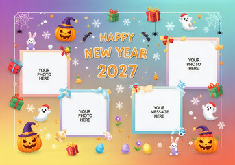Fototapeta premium New Year 2027 celebration scene with jack-o-lanterns and festive decorations