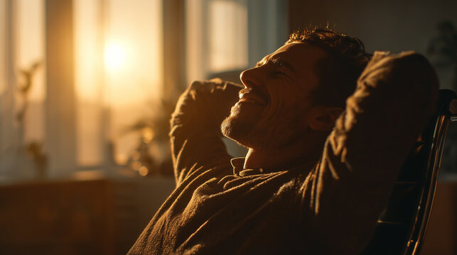 Peaceful Retirement: A man in his later years relaxes in a chair, bathed in the warm golden light of the sunset, a picture of contentment and tranquility.