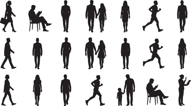 Set of diverse people silhouettes in various poses including walking running and sitting isolated on white background