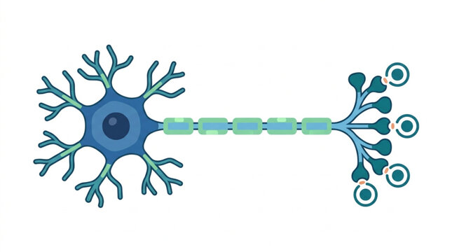 Illustration of a single neuron cell body with dendrites and axon.