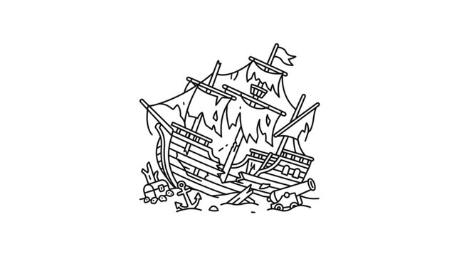 Illustration of a sinking pirate ship on fire with tattered sails.