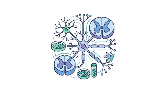 Illustration of neurons and spinal cord cross sections.