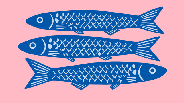 Blue Sardine Fish Trio on Pink Background