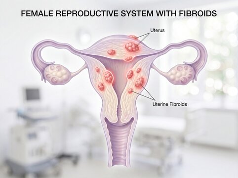 Medical illustration showing female reproductive system affected by multiple uterine fibroids, detailed anatomical view.