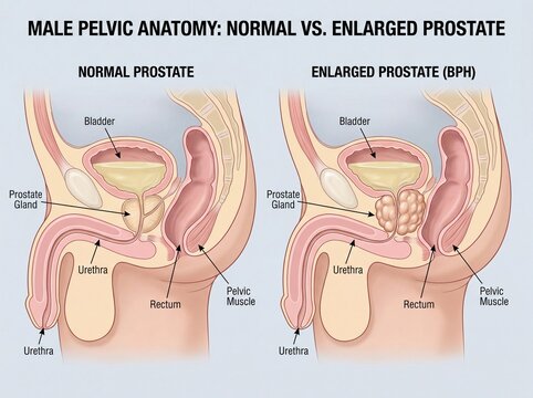 "Medical Illustration Comparing Normal and Enlarged Prostate Anatomy in Male Pelvic Region, Detailed Cross-Sectional Diagram"
