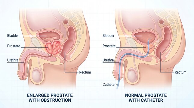 "Medical Illustration Comparing Enlarged Prostate Obstruction to Normal Prostate with Catheter Insertion, Anatomical Diagram"
