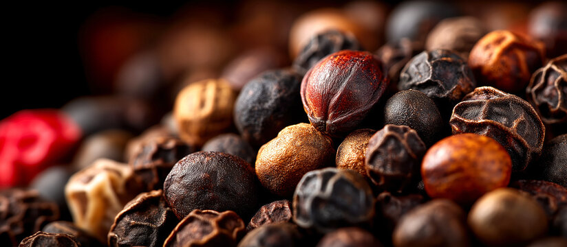 Close up image of various dried peppercorns, showcasing their rich textures and vibrant colors. mix includes black, red, and white peppercorns, highlighting their natural details