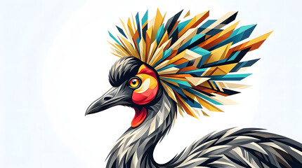 Obraz premium Vibrant Geometric Crowned Crane Head Portrait