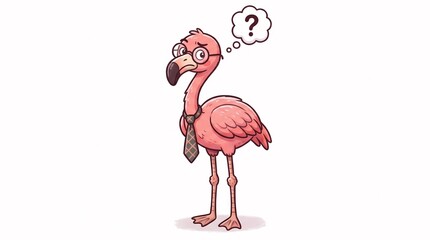 Naklejka premium Cute flamingo cartoon standing with a thoughtful pose and question mark icon. Isolated vector illustration suitable for educational, nursery, and animal-themed designs.